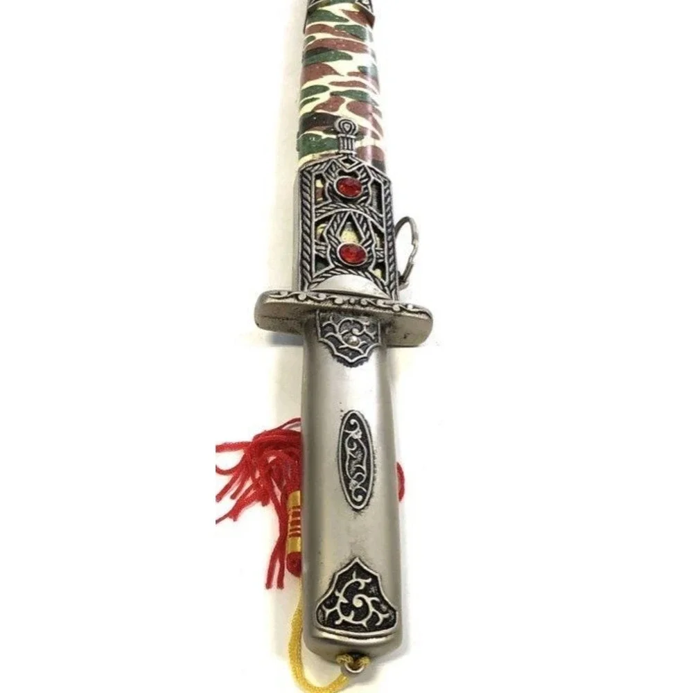 Ornate Hunting Knife Silver Hilt Camo Scabbard Red Tassel Faux Gemstones China